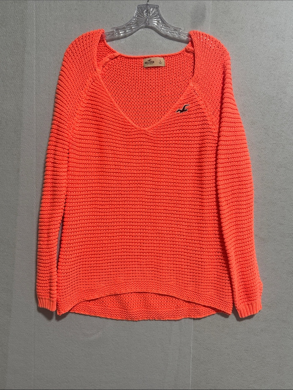 Hollister Y2K Bright Coral V-Neck Open Knit Sweater